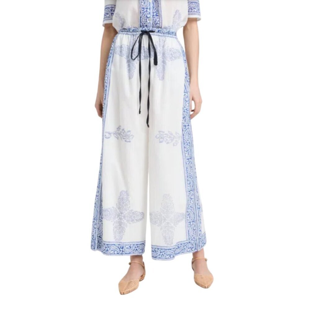 NWT Alix of Bohemia Natalie Criss Cross Pants Womens Large Blue White Wide Leg